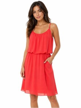 Costa Blanca Bright Coral Spaghetti Strap Chiffon Dress